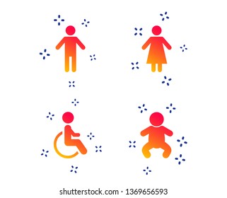 WC toilet icons. Human male or female signs. Baby infant or toddler. Disabled handicapped invalid symbol. Random dynamic shapes. Gradient wc icon. Vector
