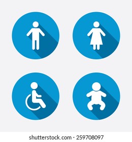 WC toilet icons. Human male or female signs. Baby infant or toddler. Disabled handicapped invalid symbol. Circle concept web buttons. Vector