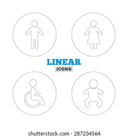WC toilet icons. Human male or female signs. Baby infant or toddler. Disabled handicapped invalid symbol. Linear outline web icons. Vector