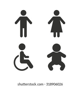 WC toilet icons. Human male or female signs. Baby infant or toddler. Disabled handicapped invalid symbol. Flat icons on white. Vector