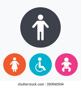 WC toilet icons. Human male or female signs. Baby infant or toddler. Disabled handicapped invalid symbol. Circle flat buttons with icon.