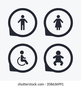 WC toilet icons. Human male or female signs. Baby infant or toddler. Disabled handicapped invalid symbol. Flat icon pointers.