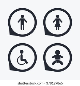 WC toilet icons. Human male or female signs. Baby infant or toddler. Disabled handicapped invalid symbol. Flat icon pointers.