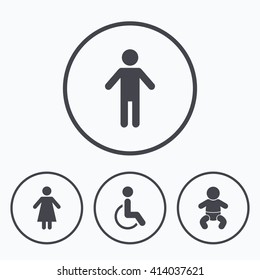 WC toilet icons. Human male or female signs. Baby infant or toddler. Disabled handicapped invalid symbol. Icons in circles.