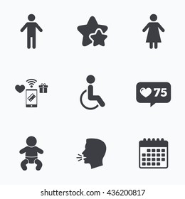 WC toilet icons. Human male or female signs. Baby infant or toddler. Disabled handicapped invalid symbol. Flat talking head, calendar icons. Stars, like counter icons. Vector