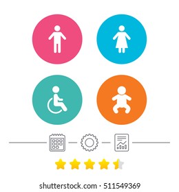 WC toilet icons. Human male or female signs. Baby infant or toddler. Disabled handicapped invalid symbol. Calendar, cogwheel and report linear icons. Star vote ranking. Vector