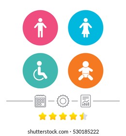 WC toilet icons. Human male or female signs. Baby infant or toddler. Disabled handicapped invalid symbol. Calendar, cogwheel and report linear icons. Star vote ranking. Vector