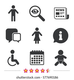 WC toilet icons. Human male or female signs. Baby infant or toddler. Disabled handicapped invalid symbol. Newspaper, information and calendar icons. Investigate magnifier, chat symbol. Vector