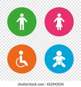 WC toilet icons. Human male or female signs. Baby infant or toddler. Disabled handicapped invalid symbol. Round buttons on transparent background. Vector