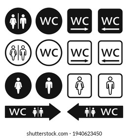 WC .Toilet icons set. Men and women WC signs for restroom. WC direction arrow symbol vector illustration.