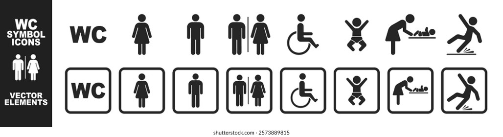 WC toilet icons signs. Man and woman symbol. Man, woman, mother with baby and handicapped silhouettes collection