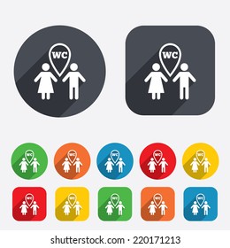 WC Toilet sign icon. Restroom or lavatory map pointer symbol. Circles and rounded squares 12 buttons. Vector