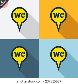 WC Toilet sign icon. Restroom or lavatory map pointer symbol. Four squares. Colored Flat design buttons. Vector