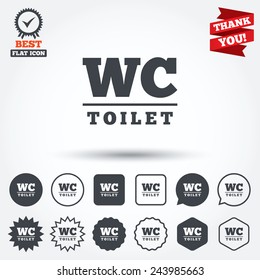 WC Toilet sign icon. Restroom or lavatory symbol. Circle, star, speech bubble and square buttons. Award medal with check mark. Thank you. Vector