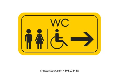 WC, toilet vector icon . Men and women sign for restroom on yellow board.