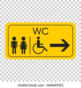WC, toilet vector icon . Men and women sign for restroom on yellow board.