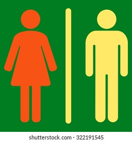 Wc vector icon. Style is bicolor flat symbol, orange and yellow colors, rounded angles, green background.