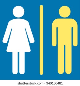 WC vector icon. Style is bicolor flat symbol, yellow and white colors, rounded angles, blue background.