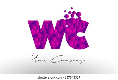 WC W C Dots Letter Logo with Purple Pink Magenta Bubbles Texture Vector.
