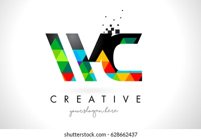 WC W C Letter Logo with Colorful Vivid Triangles Texture Design Vector Illustration.