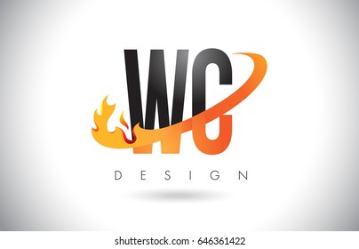 WC W C Letter Logo Design with Fire Flames and Orange Swoosh Vector Illustration.