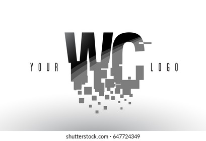 WC W C Pixel Letter Logo with Digital Shattered Black Squares. Creative Letters Vector Illustration.