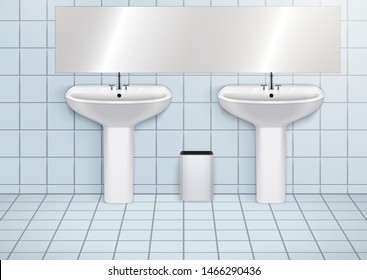 WC washroom and white porcelain sink. Public restroom Interior with ceramic washbasins. Front view and wall mount. Vector Illustration.