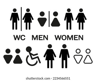 Iconos de ilustración vectorial de búsqueda de wayfind de WC. Señales de género masculino y femenino. Paneles de baño para hombres, mujeres y discapacitados, aislados en el fondo blanco.