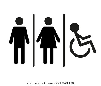 Iconos de ilustración vectorial de búsqueda de wayfind de WC. Señales de género masculino y femenino. Paneles de baño para hombres, mujeres y discapacitados, aislados en el fondo blanco.