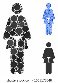 WC woman composition of round dots in variable sizes and color tones, based on WC woman icon. Vector filled circles are organized into blue composition.