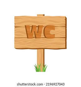 WC-Holzschildkröte, Vektorgrafik. Holzschild mit Toilettenschild mit Gras. Illustration der isolierten Toilettengegenstände