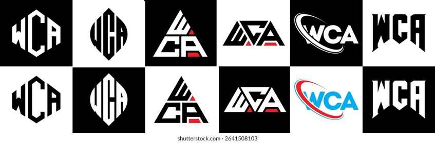 WCA letter logo design in six style. WCA polygon, circle, triangle, hexagon, flat and simple style with black and white color variation letter logo set in one artboard. WCA minimalist and classic logo