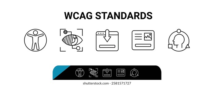 WCAG standards icons outline the principles of accessibility, featuring universal access, visual clarity, and adaptability, transparent background. Outline icons set.