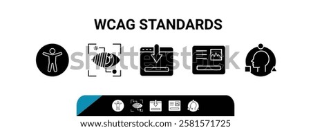 WCAG standards icons outline the principles of accessibility, featuring universal access, visual clarity, and adaptability, transparent background. Outline icons set.
