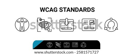 WCAG standards icons outline the principles of accessibility, featuring universal access, visual clarity, and adaptability, transparent background. Outline icons set.