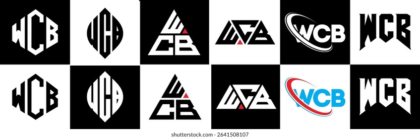 WCB letter logo design in six style. WCB polygon, circle, triangle, hexagon, flat and simple style with black and white color variation letter logo set in one artboard. WCB minimalist and classic logo