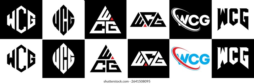 WCG letter logo design in six style. WCG polygon, circle, triangle, hexagon, flat and simple style with black and white color variation letter logo set in one artboard. WCG minimalist and classic logo