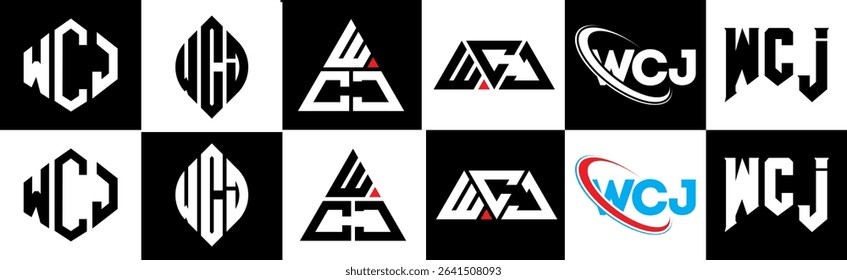 WCJ letter logo design in six style. WCJ polygon, circle, triangle, hexagon, flat and simple style with black and white color variation letter logo set in one artboard. WCJ minimalist and classic logo