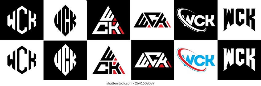 WCK letter logo design in six style. WCK polygon, circle, triangle, hexagon, flat and simple style with black and white color variation letter logo set in one artboard. WCK minimalist and classic logo