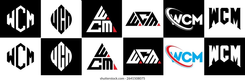 WCM letter logo design in six style. WCM polygon, circle, triangle, hexagon, flat and simple style with black and white color variation letter logo set in one artboard. WCM minimalist and classic logo