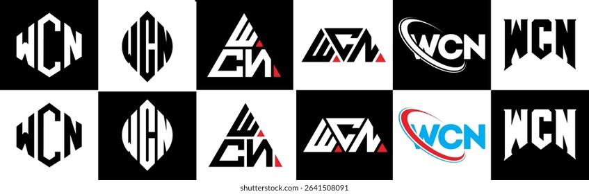 WCN letter logo design in six style. WCN polygon, circle, triangle, hexagon, flat and simple style with black and white color variation letter logo set in one artboard. WCN minimalist and classic logo