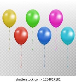 wColor balloon vector collection. Party baloon with ribbon and shadow isolated on white background. Flying 3d ballon set template. Birthday decoration symbol. Vector illustration.