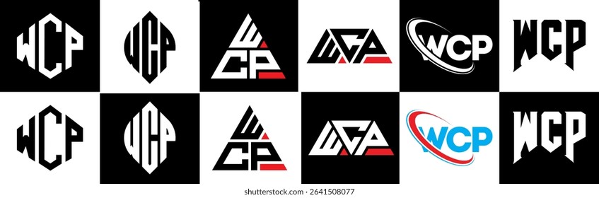 WCP letter logo design in six style. WCP polygon, circle, triangle, hexagon, flat and simple style with black and white color variation letter logo set in one artboard. WCP minimalist and classic logo