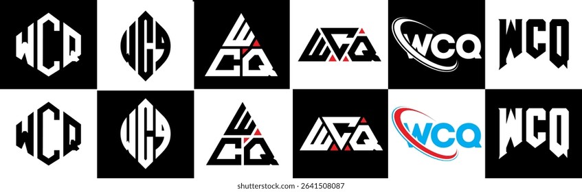 WCQ letter logo design in six style. WCQ polygon, circle, triangle, hexagon, flat and simple style with black and white color variation letter logo set in one artboard. WCQ minimalist and classic logo