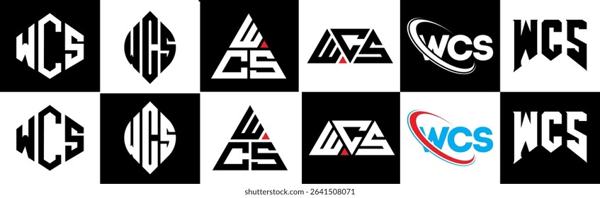 WCS letter logo design in six style. WCS polygon, circle, triangle, hexagon, flat and simple style with black and white color variation letter logo set in one artboard. WCS minimalist and classic logo