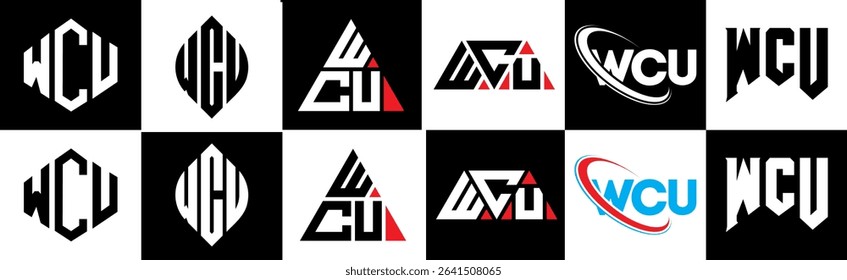 WCU letter logo design in six style. WCU polygon, circle, triangle, hexagon, flat and simple style with black and white color variation letter logo set in one artboard. WCU minimalist and classic logo