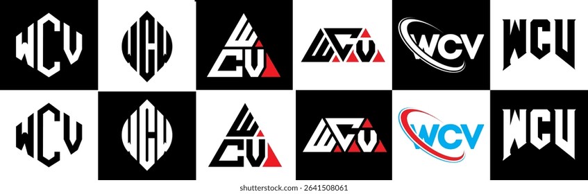 WCV letter logo design in six style. WCV polygon, circle, triangle, hexagon, flat and simple style with black and white color variation letter logo set in one artboard. WCV minimalist and classic logo