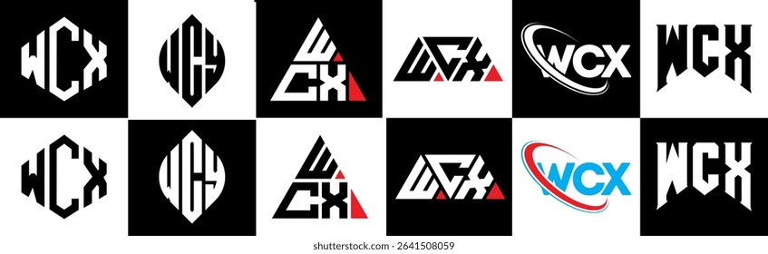 WCX letter logo design in six style. WCX polygon, circle, triangle, hexagon, flat and simple style with black and white color variation letter logo set in one artboard. WCX minimalist and classic logo