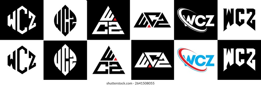 WCZ letter logo design in six style. WCZ polygon, circle, triangle, hexagon, flat and simple style with black and white color variation letter logo set in one artboard. WCZ minimalist and classic logo
