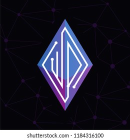 WD Initial letter block chain logo icon vector template. Looping mono line circuit letter on rhombus cube logo